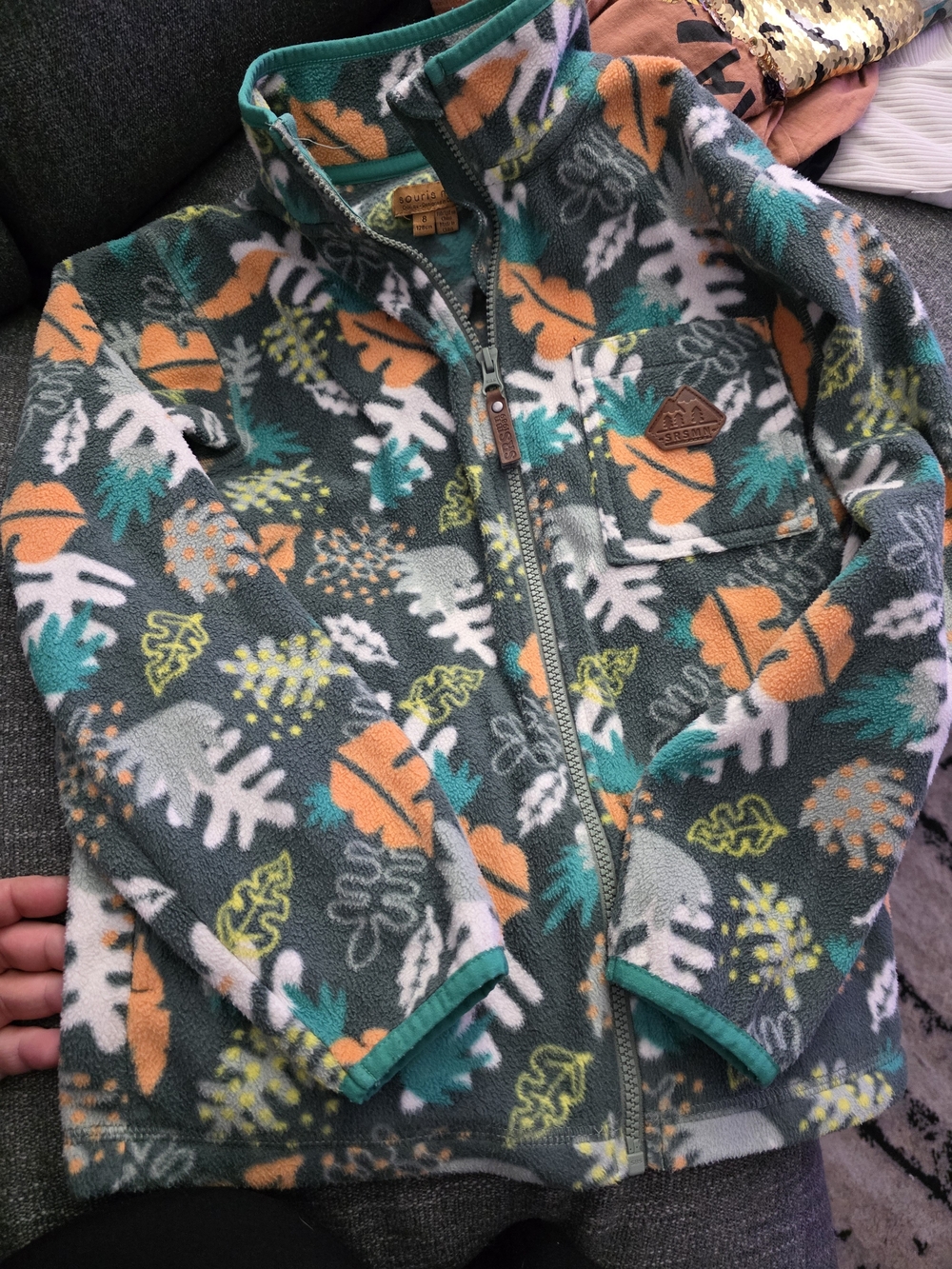 Kids Fleece Jacket in Gray with Leaf Print Souris Mini 8 Ans